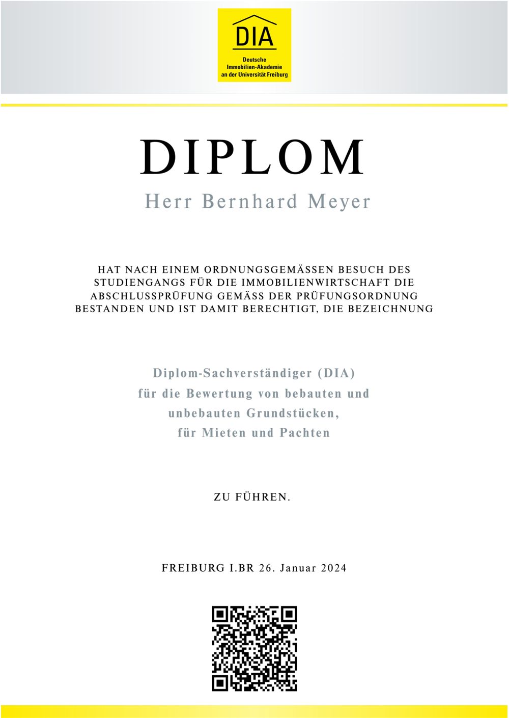Diplom-Urkunde Diplom-Sachverständiger (DIA)