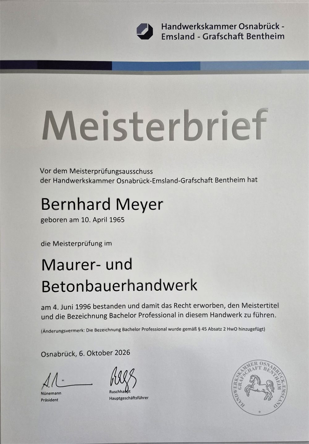 Meisterbrief Bachelor Professional im Maurer- und Betonbauerhandwerk