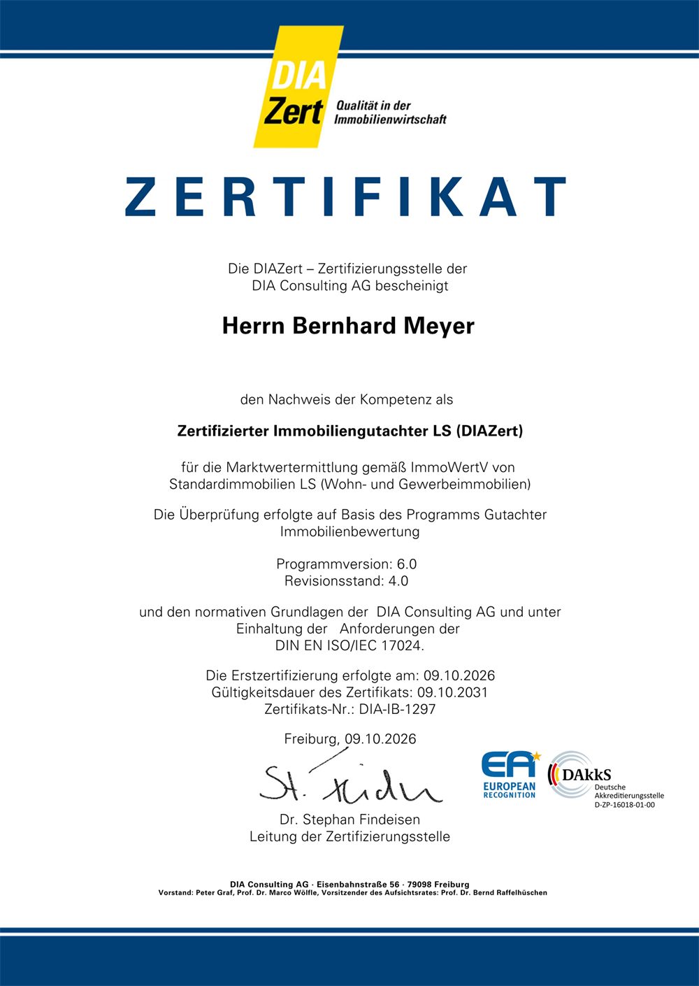 Zertifikat Zertifizierter Immobiliengutachter LS (DIAZert)